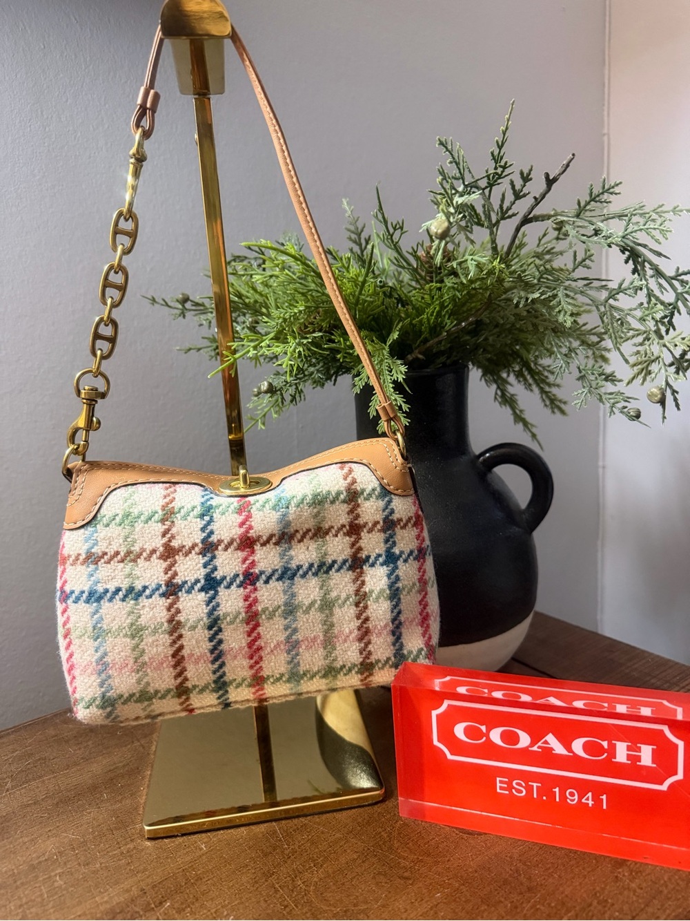 Coach Vintage Tweed Plaid Turnlock Wristlet